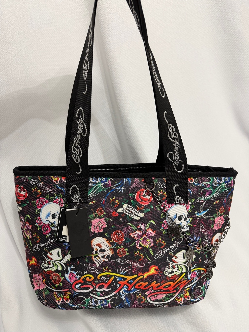 Ed Hardy Black Floral Skull Tote with Multicolor Logo